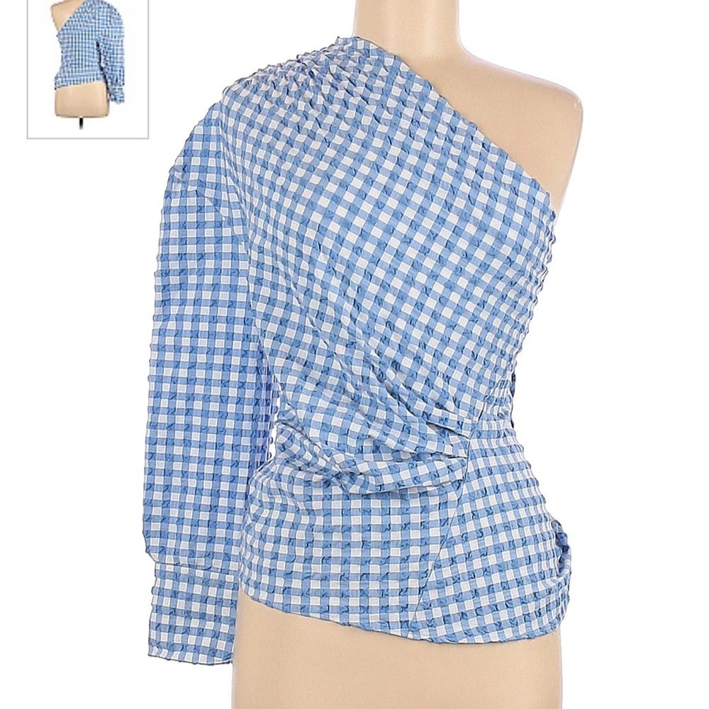 NWT Zara Blue/White Plaided Draped
Asymmetric One Shoulder Top size S